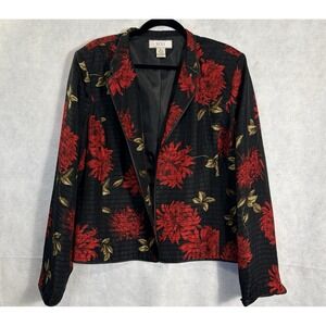 Vtg NEXX Women Silk Linen Quilted Floral Open Front Blazer Sz XL Black Red 1-7